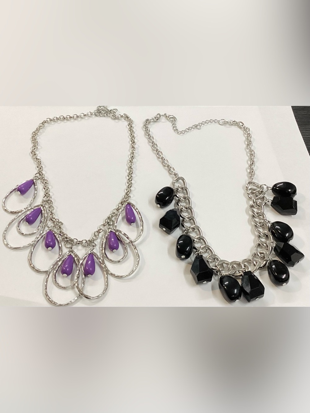 Silver-Tone Purple Drop & Black Bead Pendant Necklaces Duo